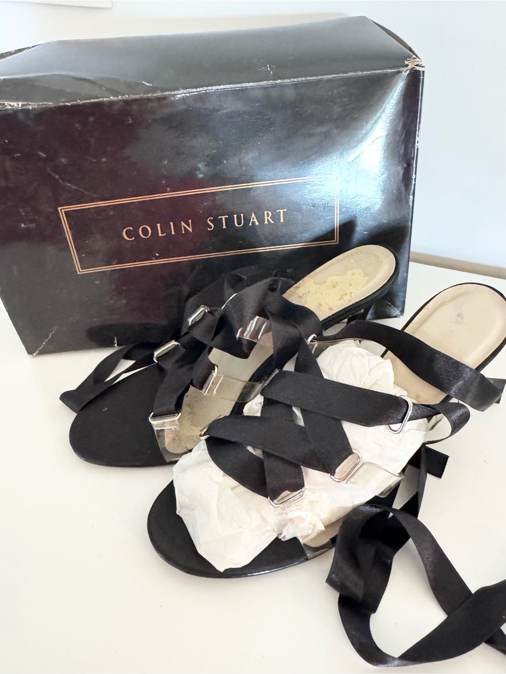 Colin Stuart Black Ribbon Lace-Up Slide Sandals